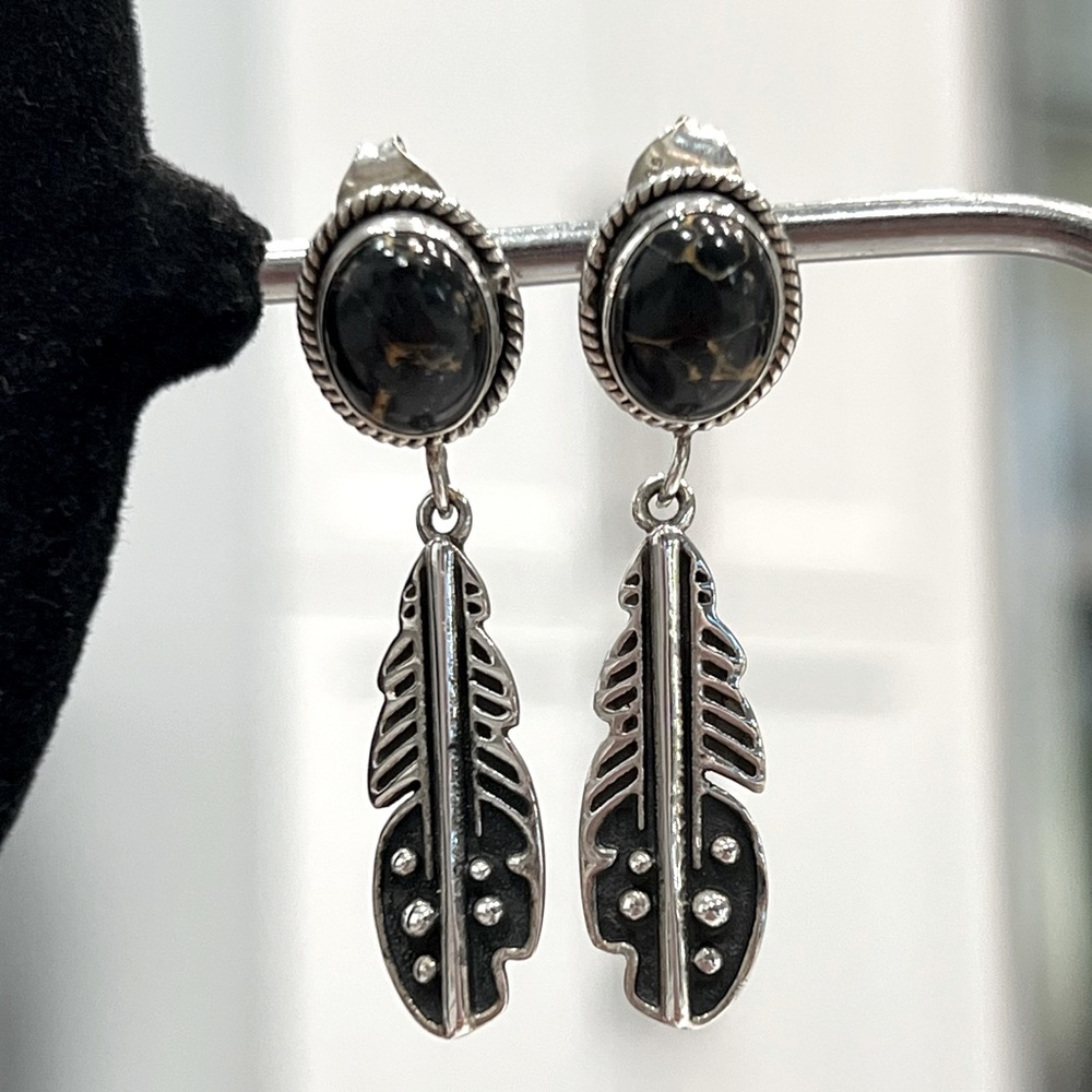 Mojave Black Turquoise Sterling Silver Feather Dangle Earrings